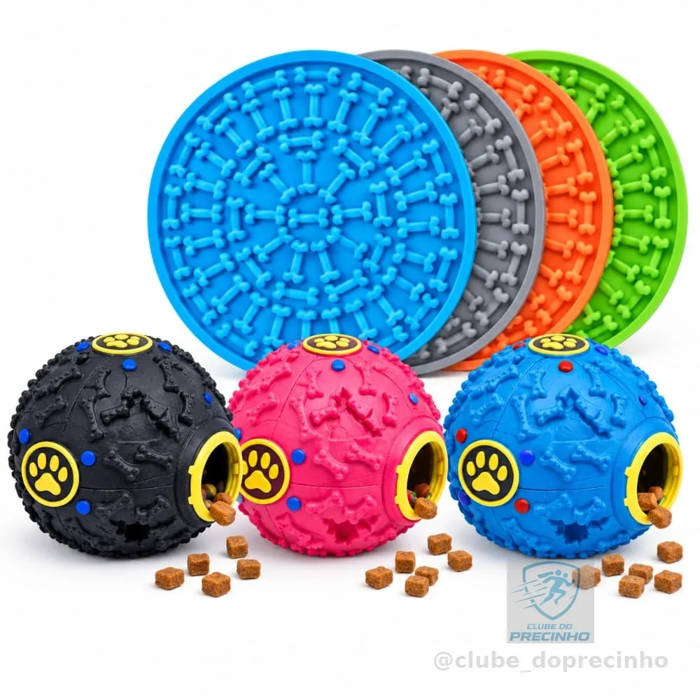 Kit Anti Ansiedade para Cães com Bola Dispenser de Petiscos 7,5cm + Tapete de Lamber Silicone | Brinquedo Interativo para Estímulo Mental, Alimentação Lenta e Redução do Estresse Pet