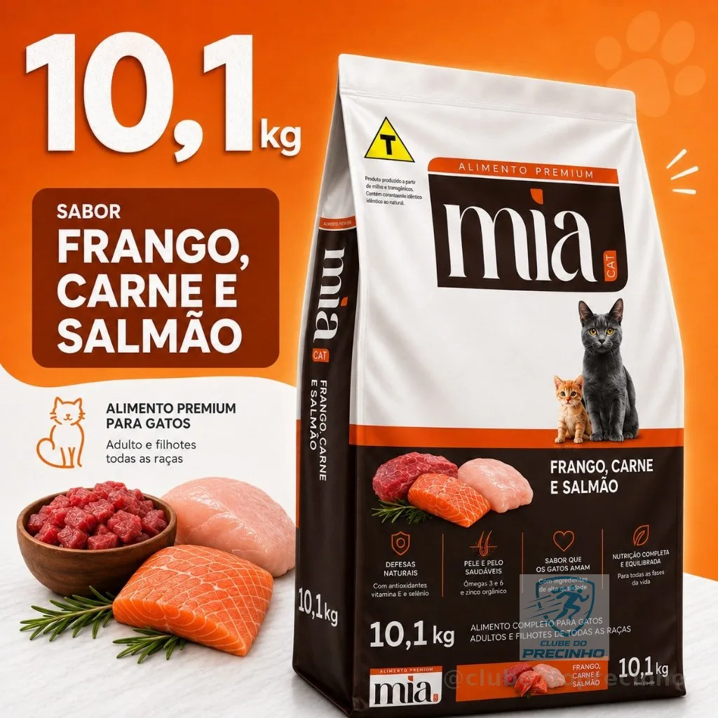 Ração Para Gato Filhote E Adulto 28g Proteína Mia Cat 10,1kg Frango Carne Salmão