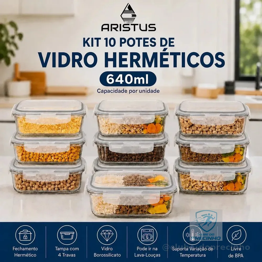 Kit 10 Potes Vidro Hermético Aristus 640ml Marmita Anti Vazamento Forno Micro-ondas Freezer Tampa 4 Travas - Cinza