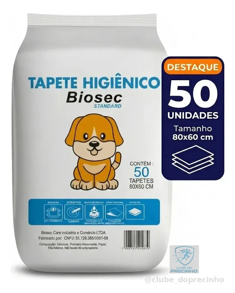 Tapete Higiênico 50 Unidades 80x60 biosec descartável para cachorro pet cão absorvente manta fralda com fita adesiva antiodor
