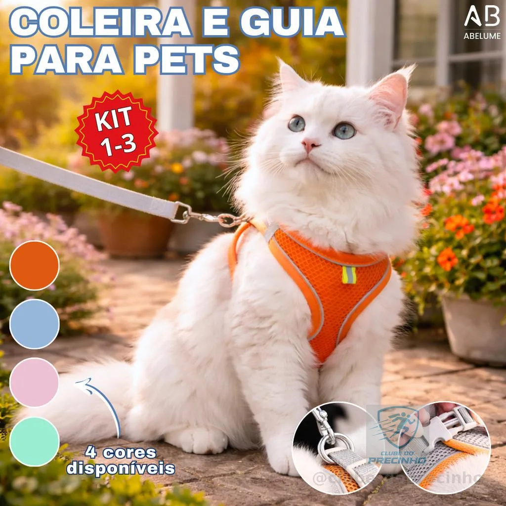 Coleira e Guia para Cães e Gatos Diversos Tamanhos Para Pequeno e Médio Porte