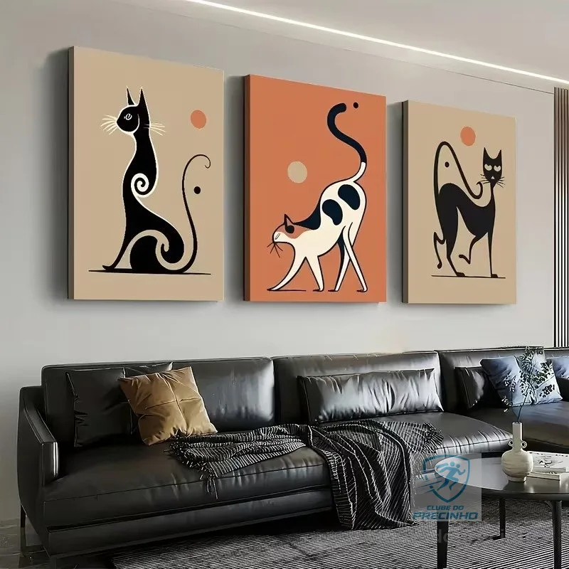 KIT 3 Quadros Gatos Minimalistas | Decoração Sala Quarto Abstrato Terracota Pets