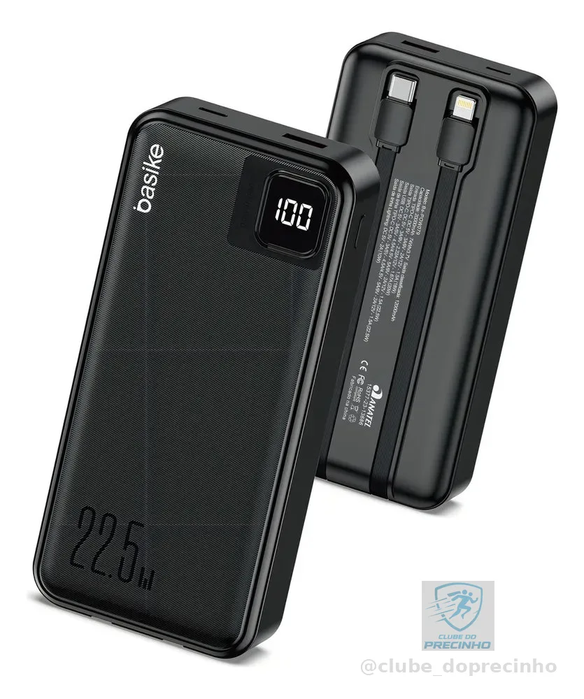 Power Bank Basike 20000mAh Preto, Carga Rápida 22.5W para iPhone e Samsung, Com Cabos Embutidos e Display