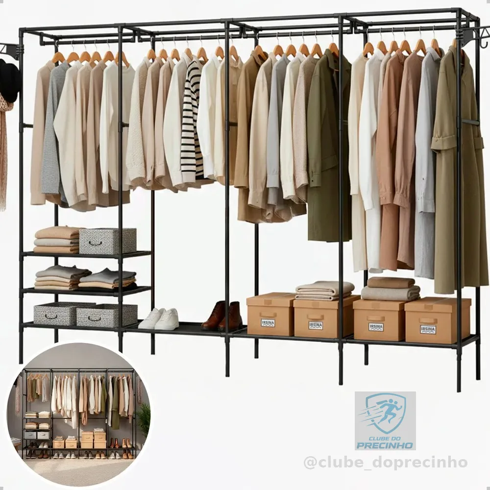 Guarda Roupa Cabideiro Organizador Closet Aberto Desmontavel Arara Divisórias 10 Prateleiras Aço Resistente Preto Irsina