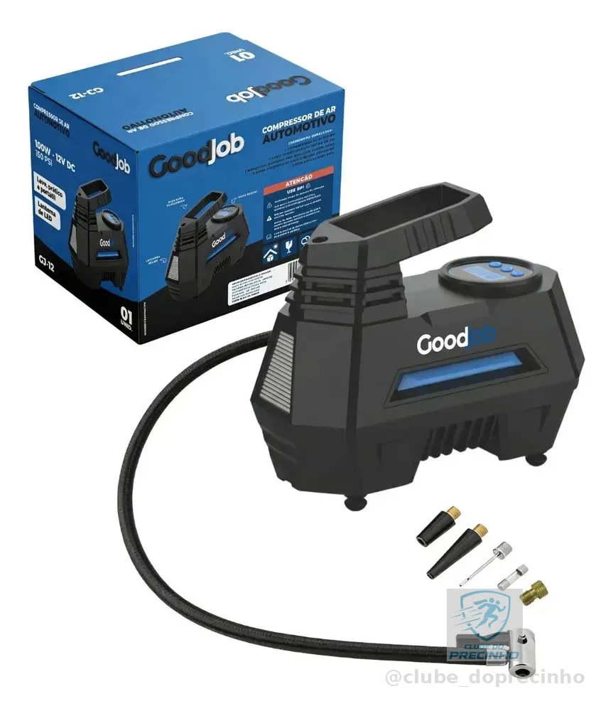 Compressor De Ar Elétrico Portátil 100w Encher Pneu Carro Moto Bicicleta DC com Lanterna Led Gj-12 GoodJob