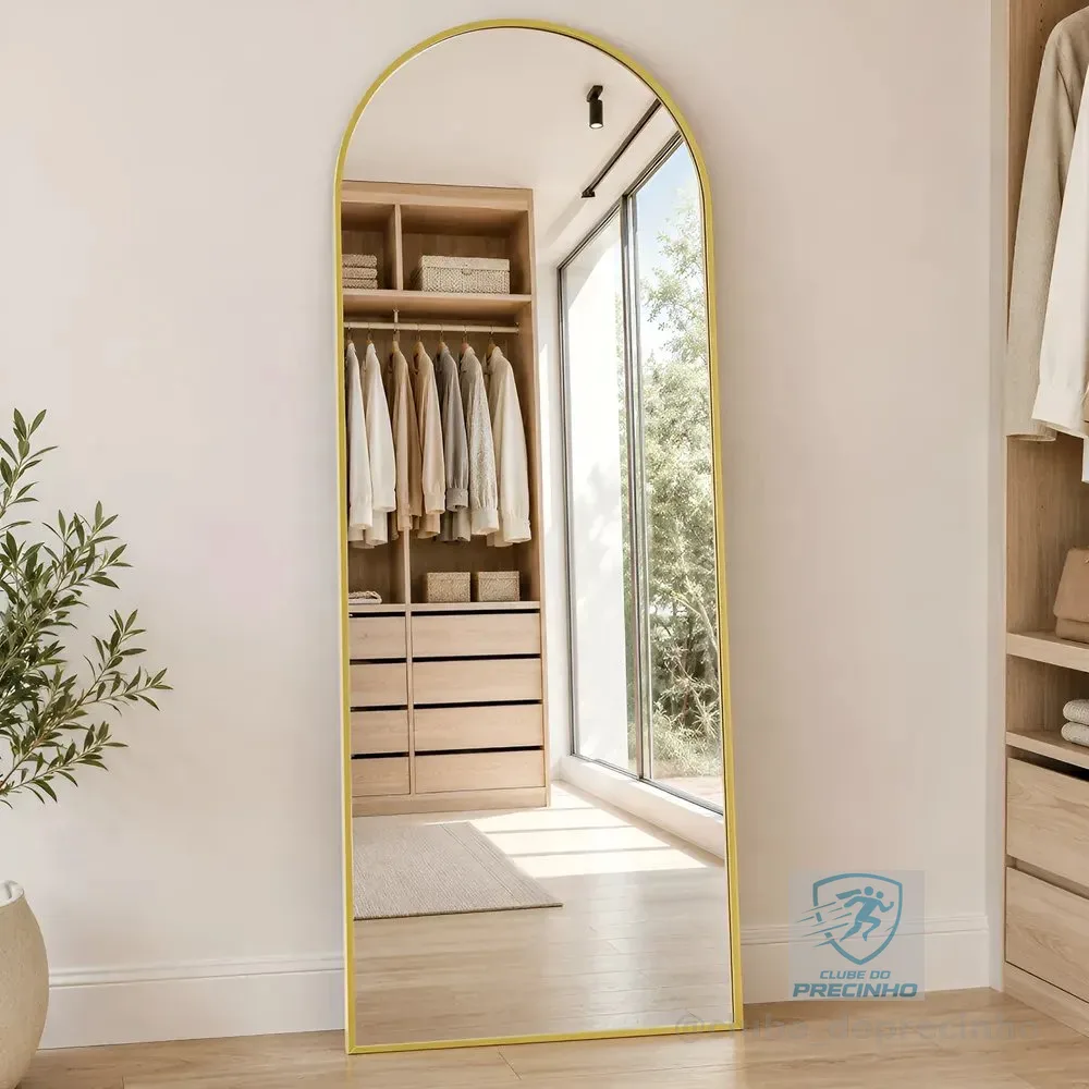 Espelho De Chão Corpo Inteiro Arco 165*60cm Com Suporte U Dourado