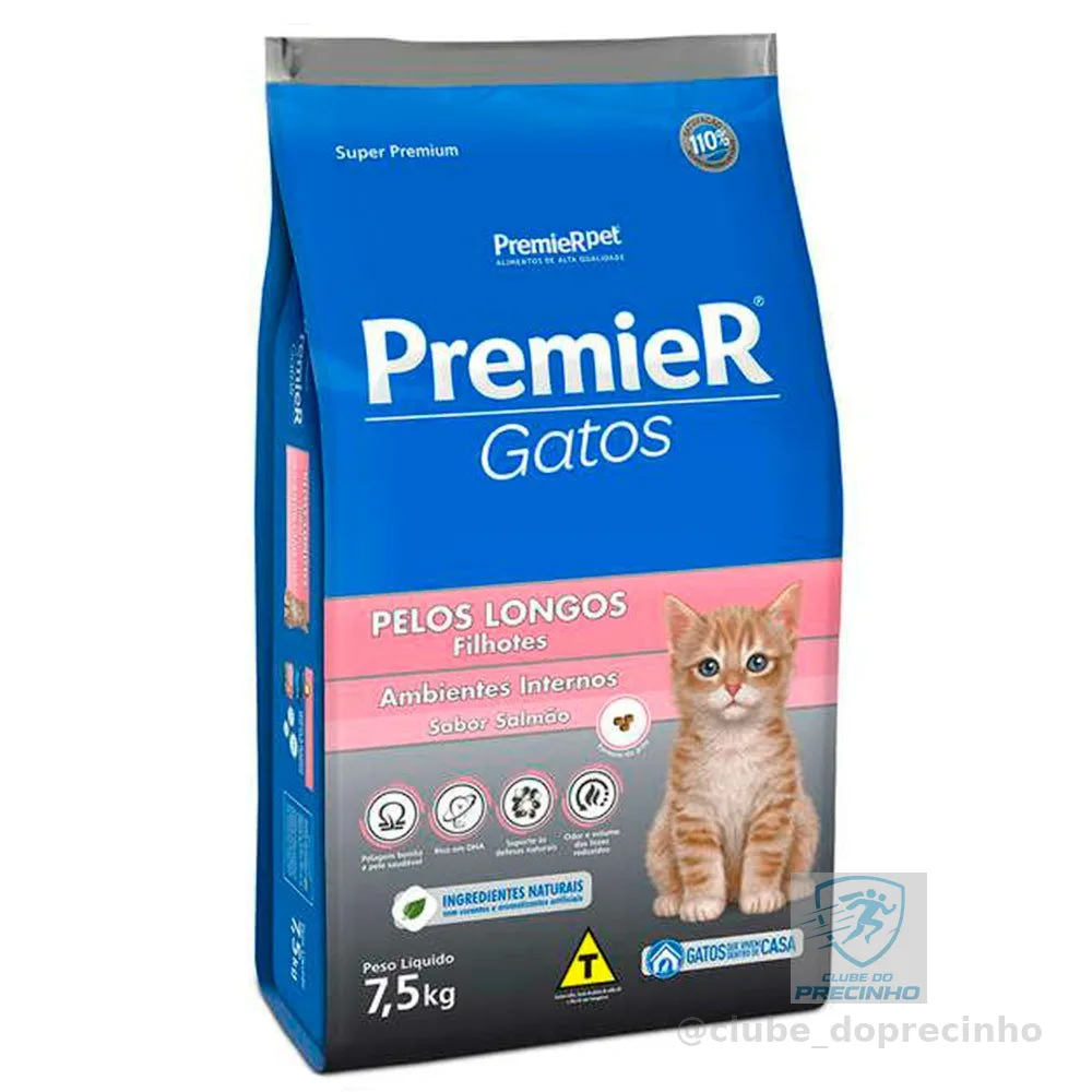 Ração Premier Gatos Filhotes Pelos Longos Ambientes Internos Salmão 7,5kg
