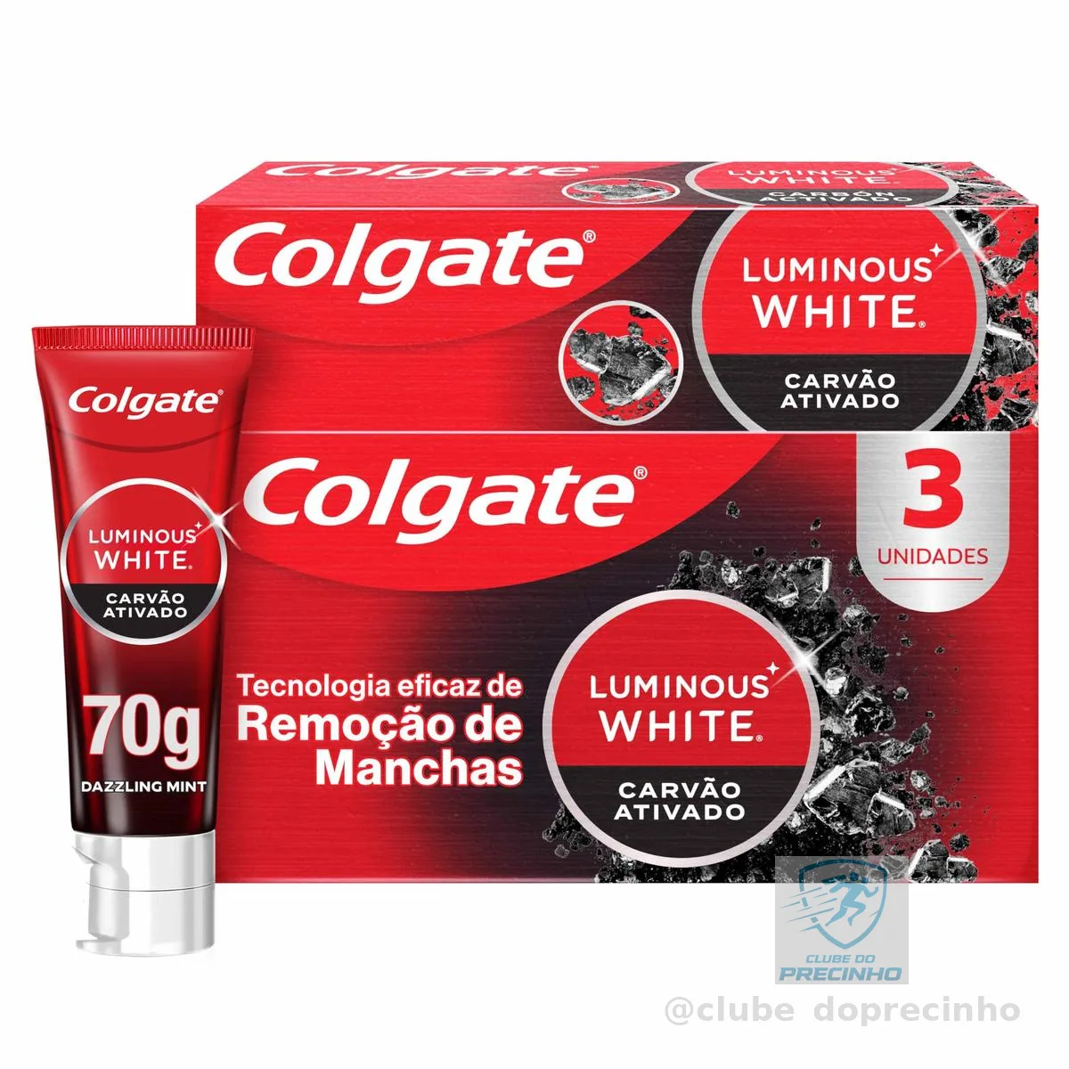 Colgate Luminous White Carvão Ativado Creme Dental Clareador, 3x70g