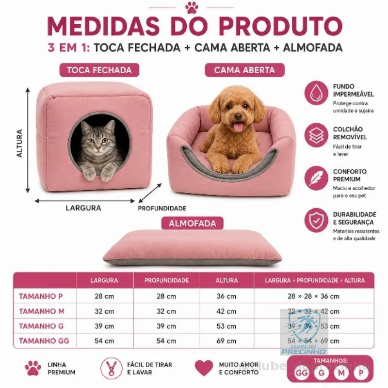 casinha cama toca lglu 3 em 1 para cães e gatos tamanho P,M,G,GG fundo impermeável colchão removível linha Premium