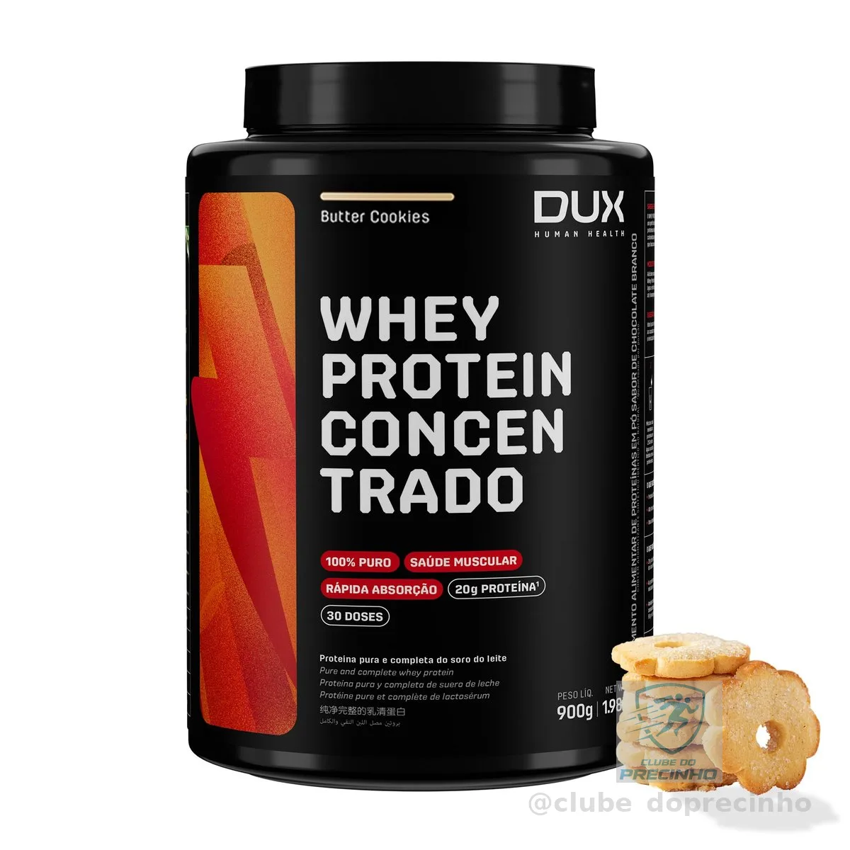 DUX HUMAN HEALTH Whey Protein Concentrado 900g Butter Cookies – Versátil para Receitas e Shakes