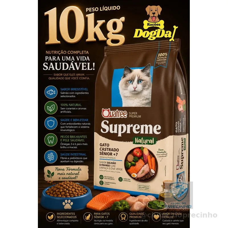 Ração Quatree Supreme Natural Gato Castrado Sênior +7 10kg Salmão e Frango Super Premium