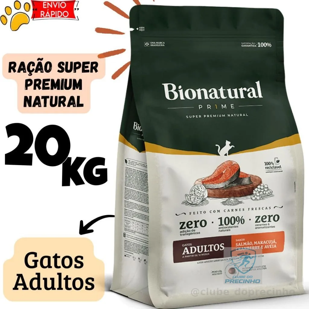Ração Bionatural Prime Gatos Adultos 20kg Super Premium Natural Salmão Maracujá Cranberry e Aveia