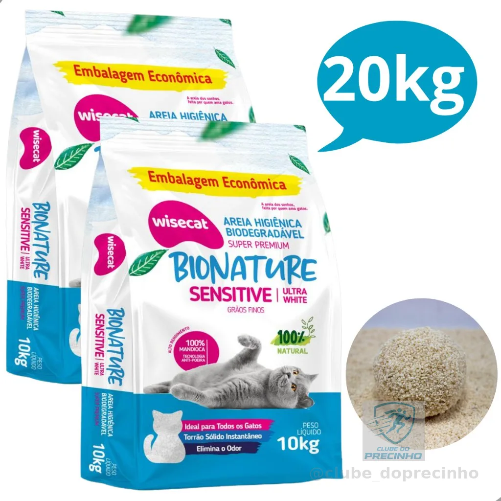 Kit 2 Areia Sanitária Higiênica para Gatos Biodegradável Mandioca Sensitive Grãos Finos Wisecat 10KG