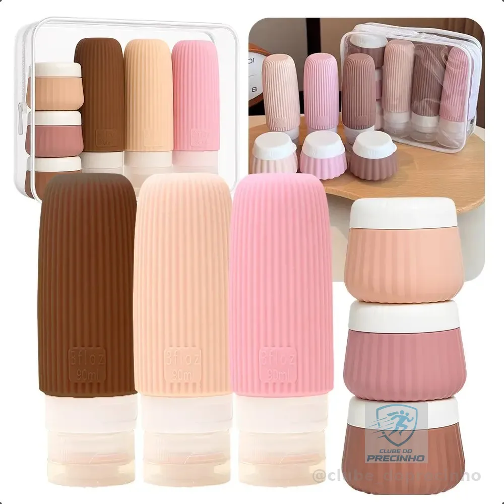 Kit De Viagem Com Frascos E Potes De Silicone Antivazamento Leve E Prático Padrão Aéreo Cores: Terra & Rosê (unisex) - Marca: Smart Tools®