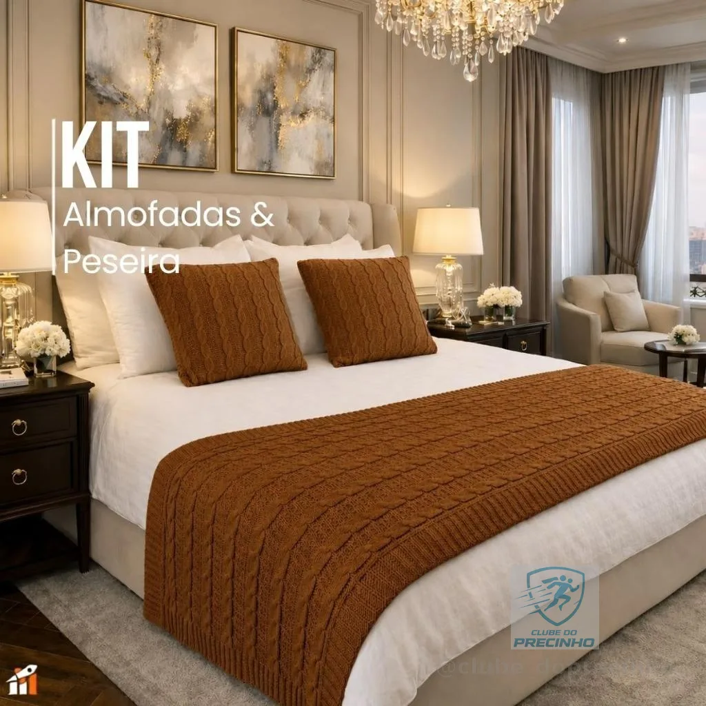 Kit Peseira para Cama com 2 Capas de Almofada Tricô Luxo Decorativo Casal Queen Elegante