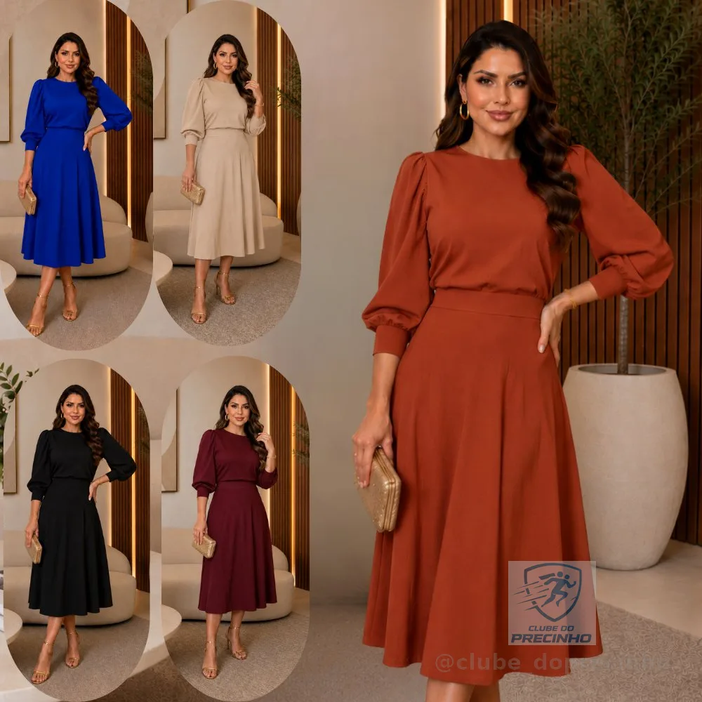 VESTIDO FEMENINO MIDI RODADO CREPE DE MALHA MANGA 3/4 BUFANTE MODA EVANGELICA CASUAL ELEGANTE FESTA