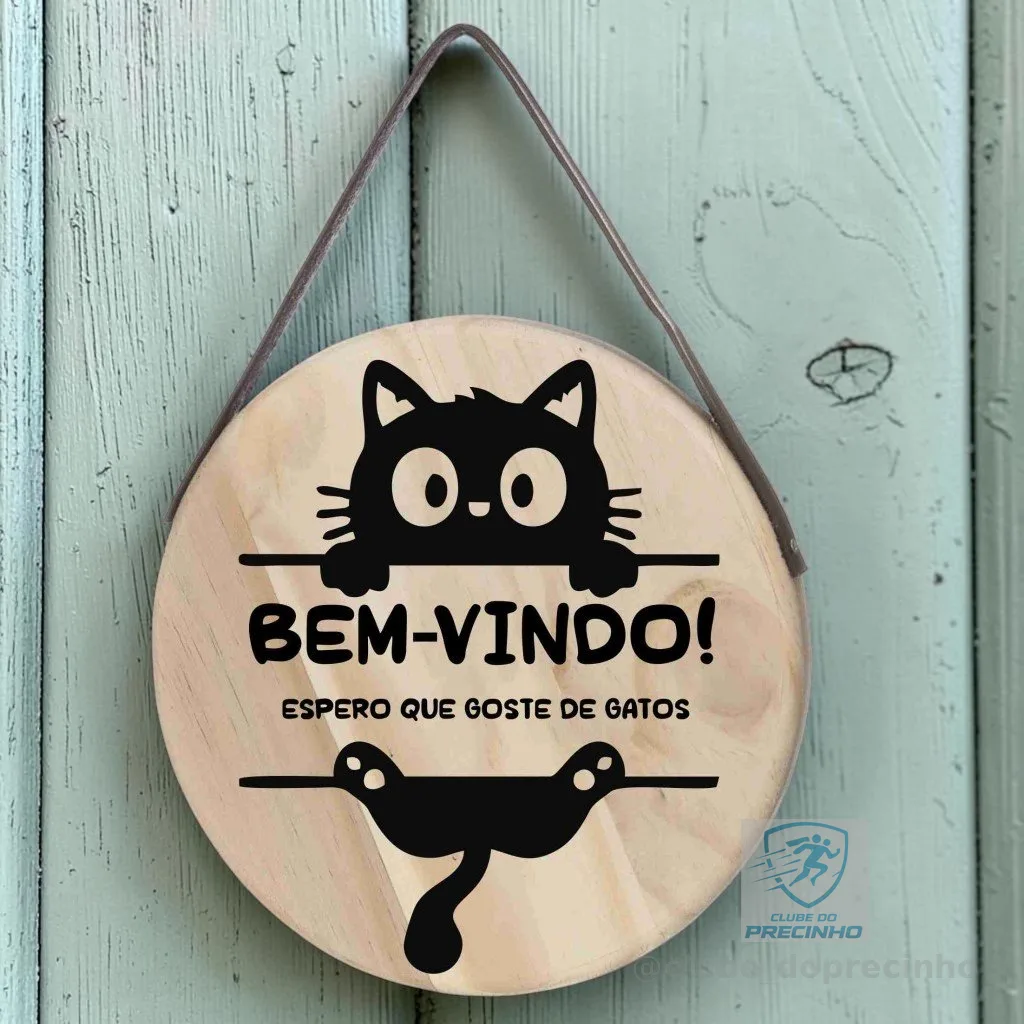 Placa porta decoração madeira pinus bem vindo casa do gato pet artesanato