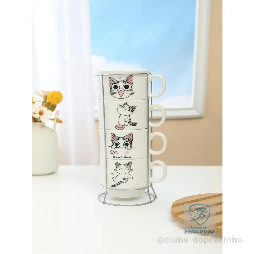 Kit 4 Xícaras Cerâmicas + 1 Suporte Torre de Metal 160ml - Pets/Gatinhos