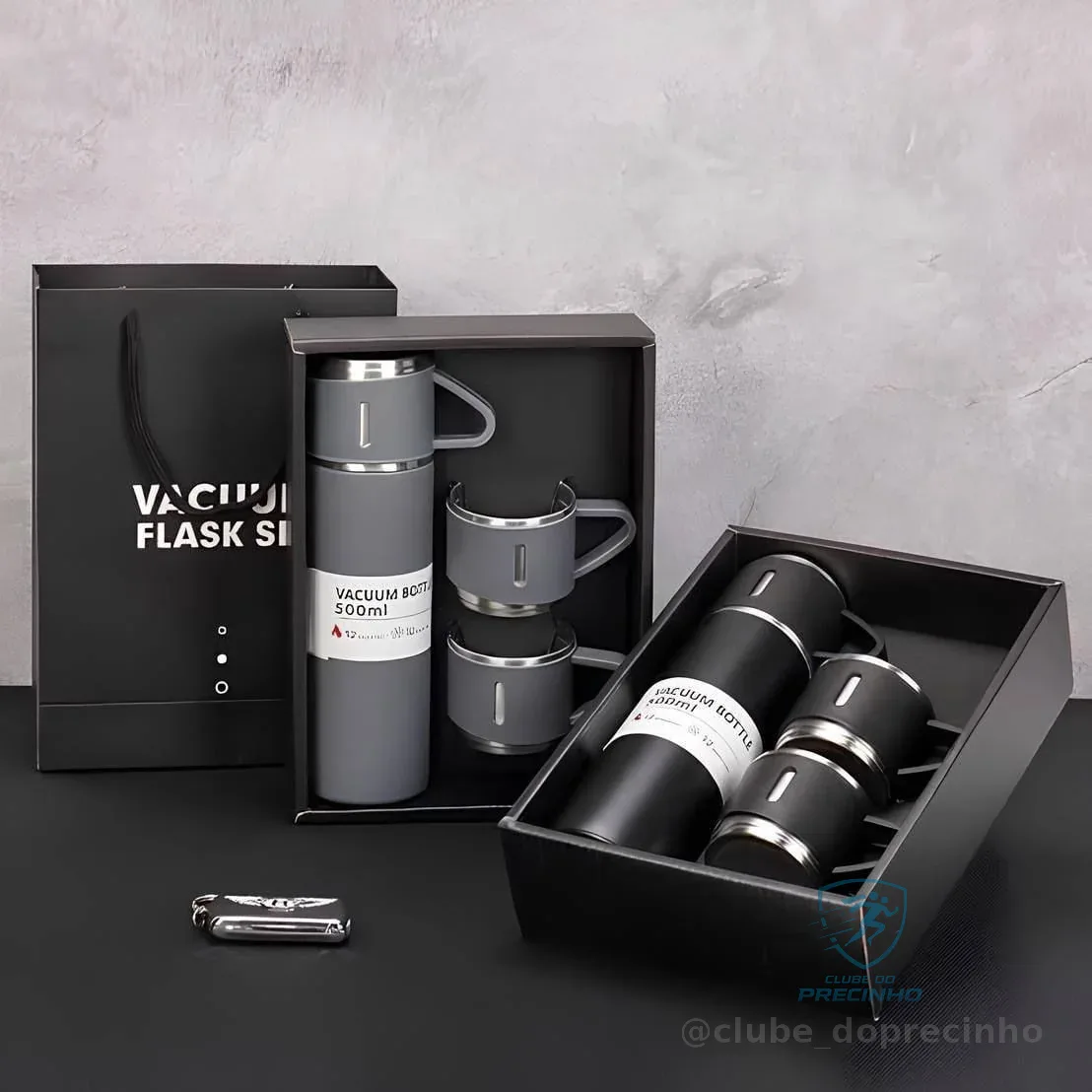 Caneca Kit Garrafa Térmica Vacuum Bottle Inox 500ml + 3 Xíca