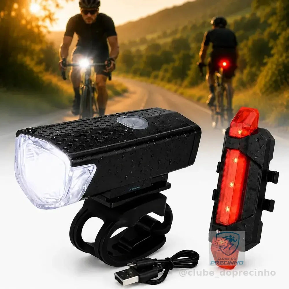 Kit Farol e Lanterna Premium Para Bicicleta Potente Recarregável Led Bike Ciclismo USB 400 Lúmens À Prova D'Água Comica