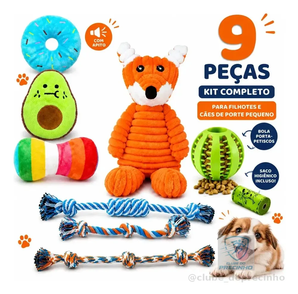 Kit de Brinquedos Para Cachorro Pequeno e Filhote – 9 Peças Anti-Estresse e Dentição