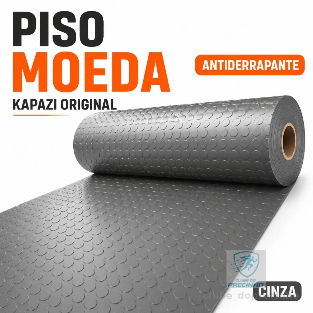 Tapete Piso Moeda Kapazi Cinza Antiderrapante Resistente PVC Garagem Oficina Academia