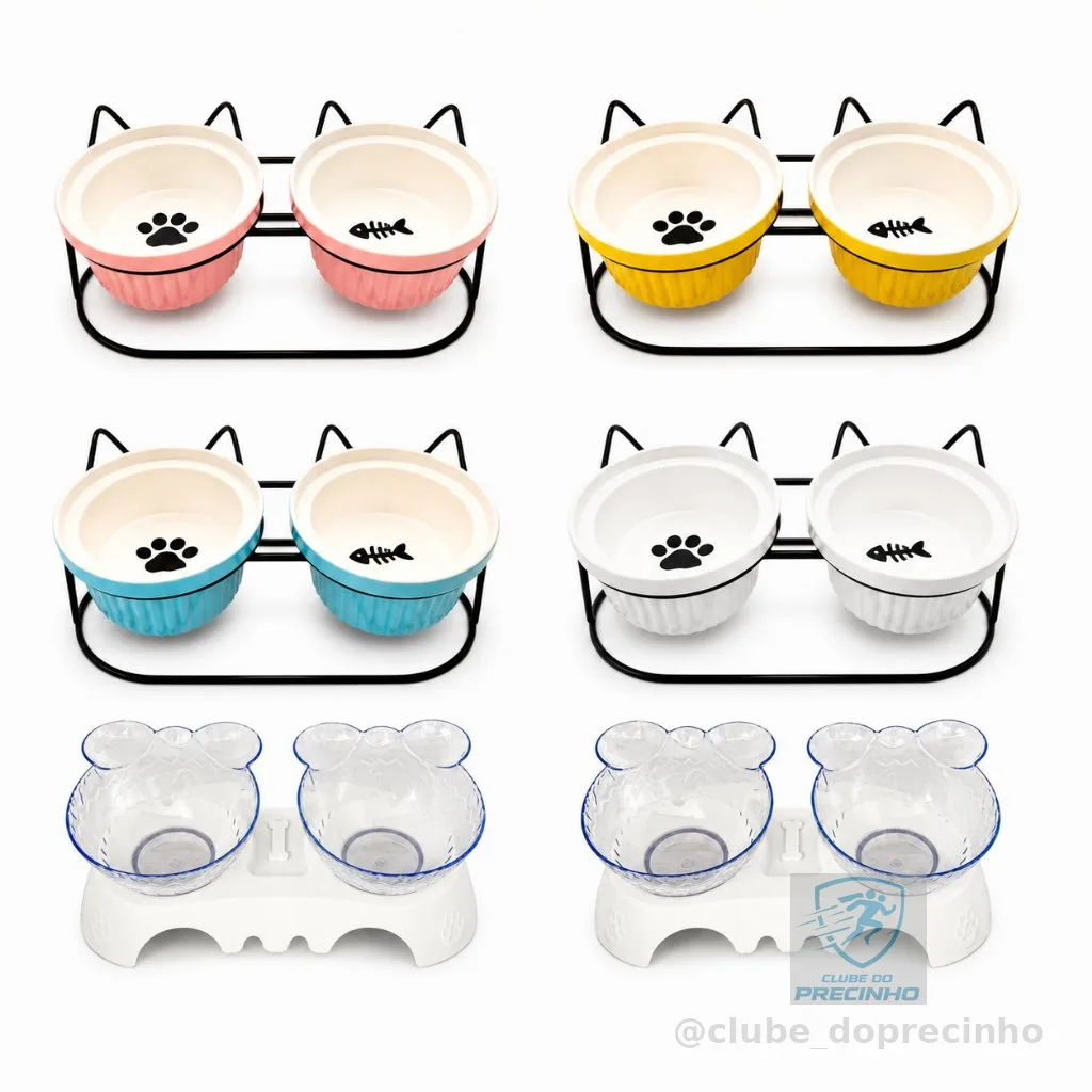 Comedouro e Bebedouro Duplo Pet Cerâmica Cão Gato com Apoio Base