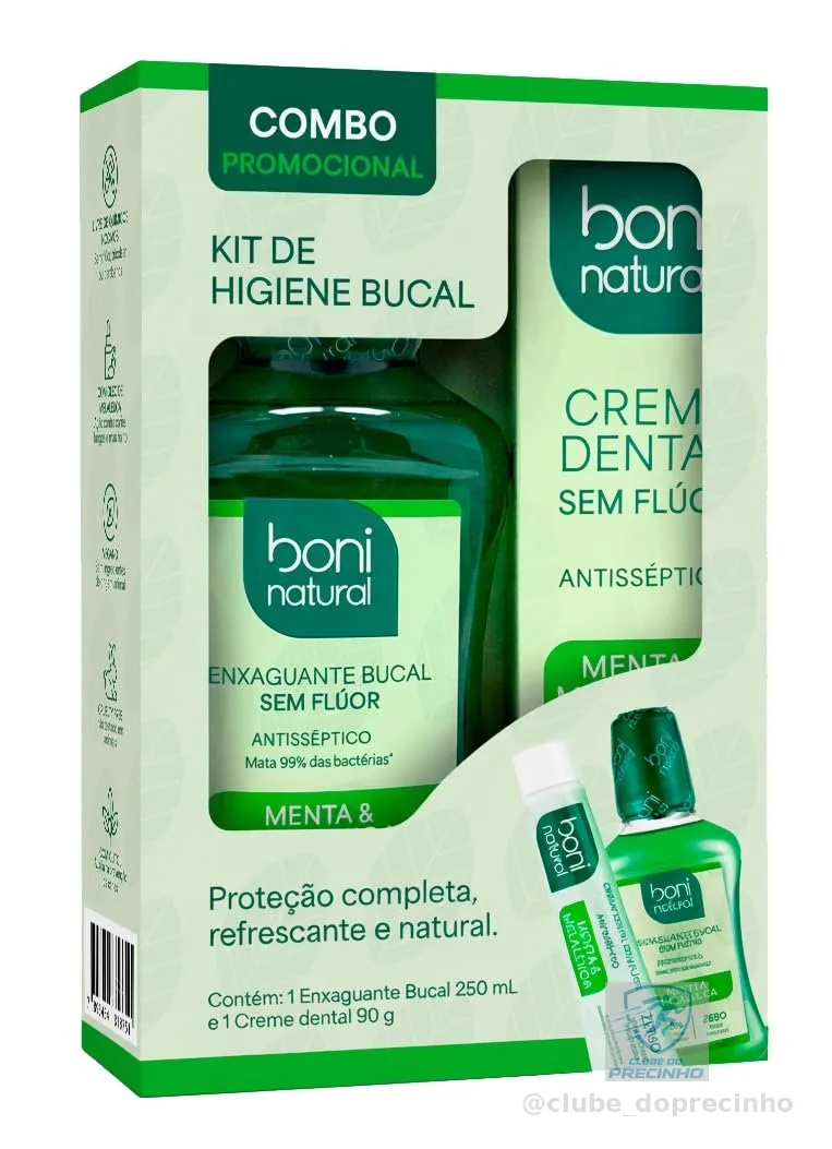 BONI NATURAL - Kit Higiene Bucal – Creme Dental Menta e Melaleuca 90g + Enxaguante Bucal Menta e Melaleuca 250ml – Sem Flúor, Sem Triclosan