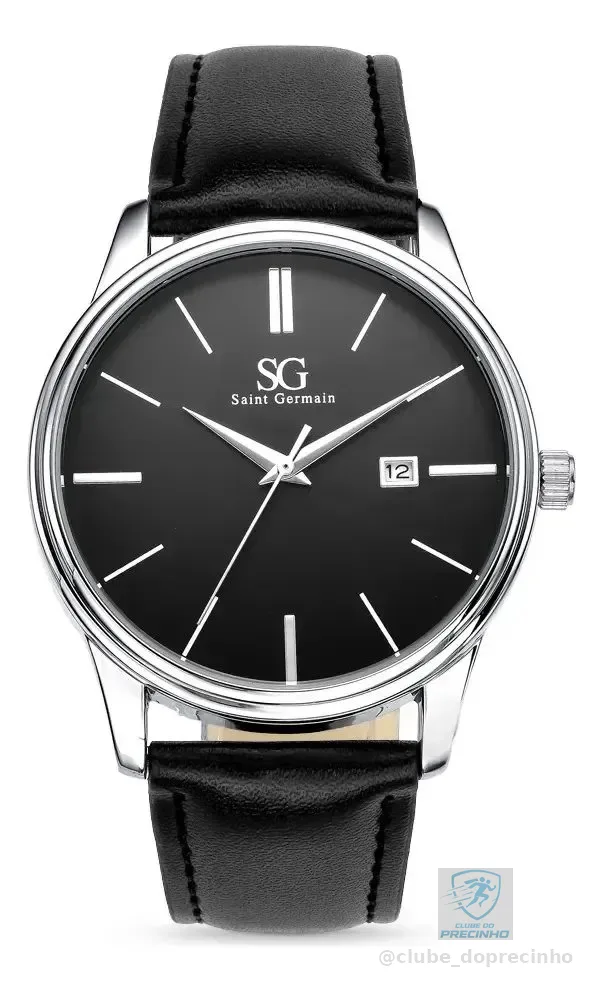 Relógio Masculino Chrowl Saint Germain Pulseira Couro Caixa Prateada Fundo Preto 42mm Clássico