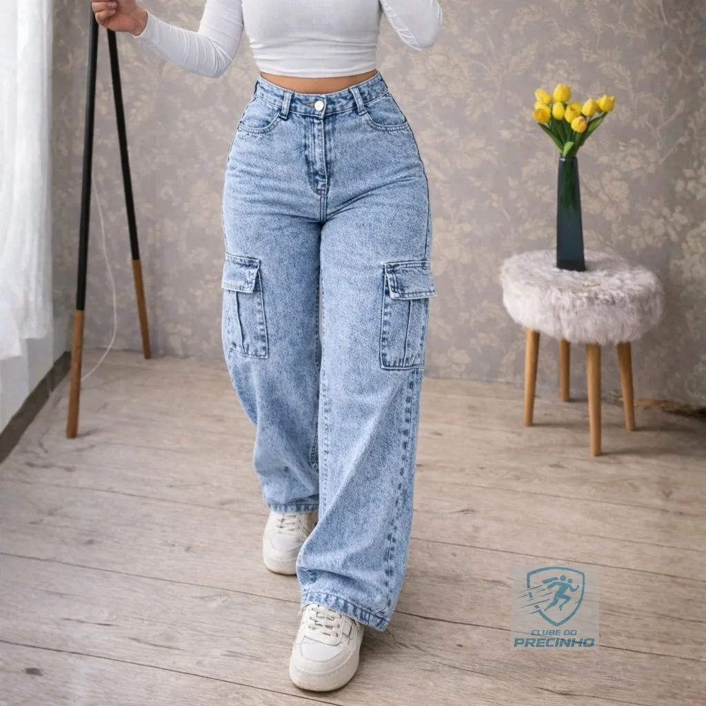 Calça Wide Leg Jeans CARGO Feminina Cintura Alta Sem Lycra