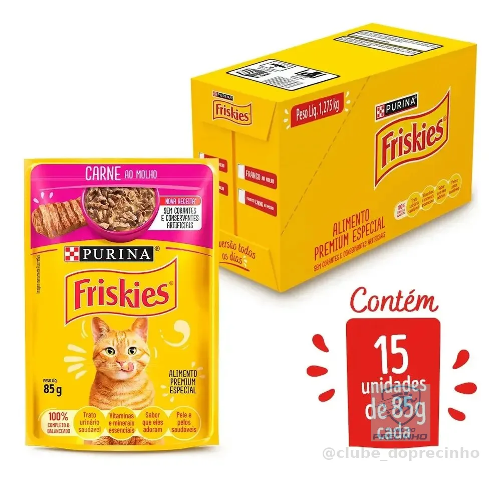 Ração Úmida Sachê Friskies Gato Adulto Carne ao Molho 85g kit c/ 15un