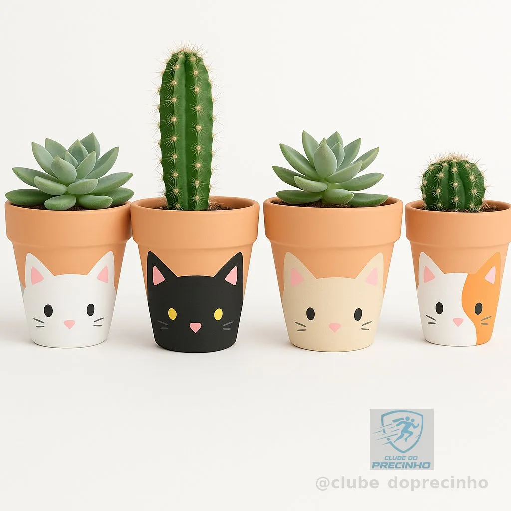 Kit 4 Vasos de Cerâmica Gatinho De Suculentas e Cactos – Decorativos, Feitos à Mão, Estilo Fofo para Jardim, Varanda