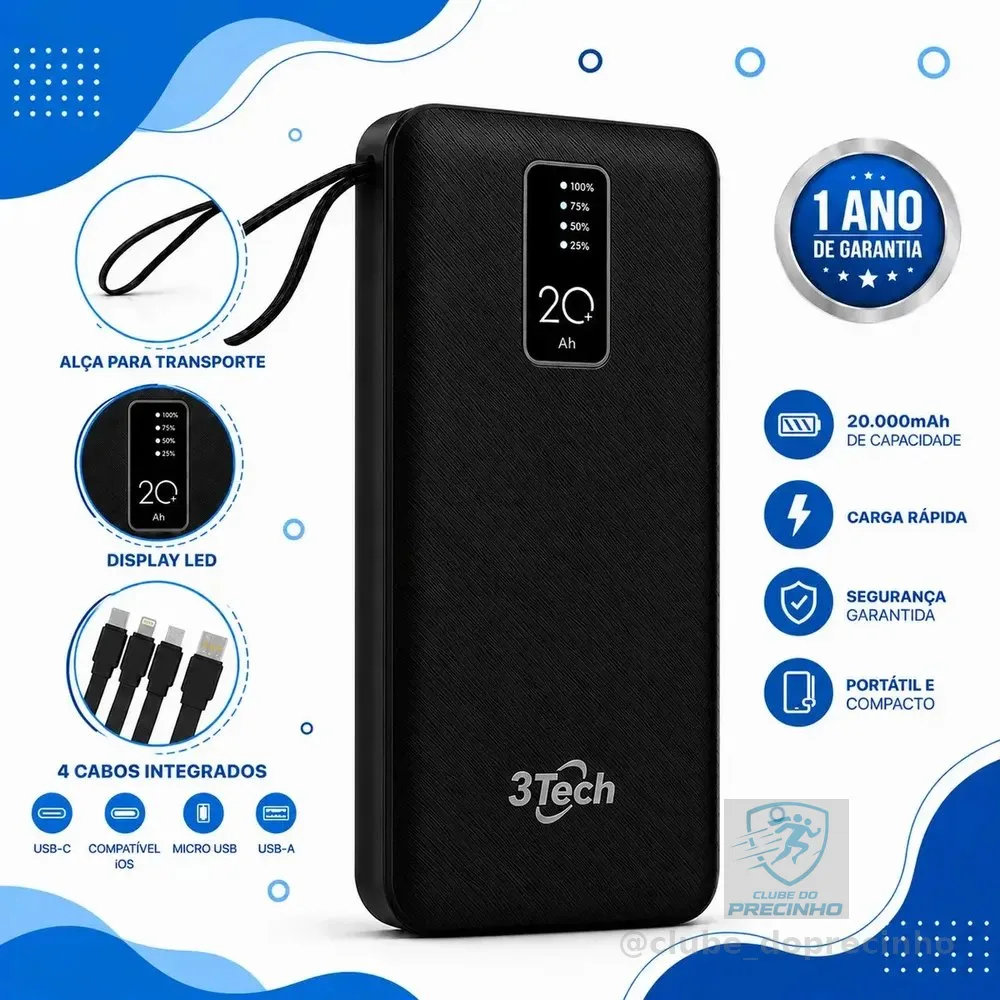 Power Bank 20000mah Carregador Portátil 4 Cabos Integrados Visor Digital Lanterna Led Usb Tipo C Compatível iPhone Samsung Xiaomi Android Bateria Externa Carrega 4 Dispositivos Preto