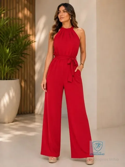 Macacão Longo Sofisticado Básico C Bolso Ajustável Pantalona