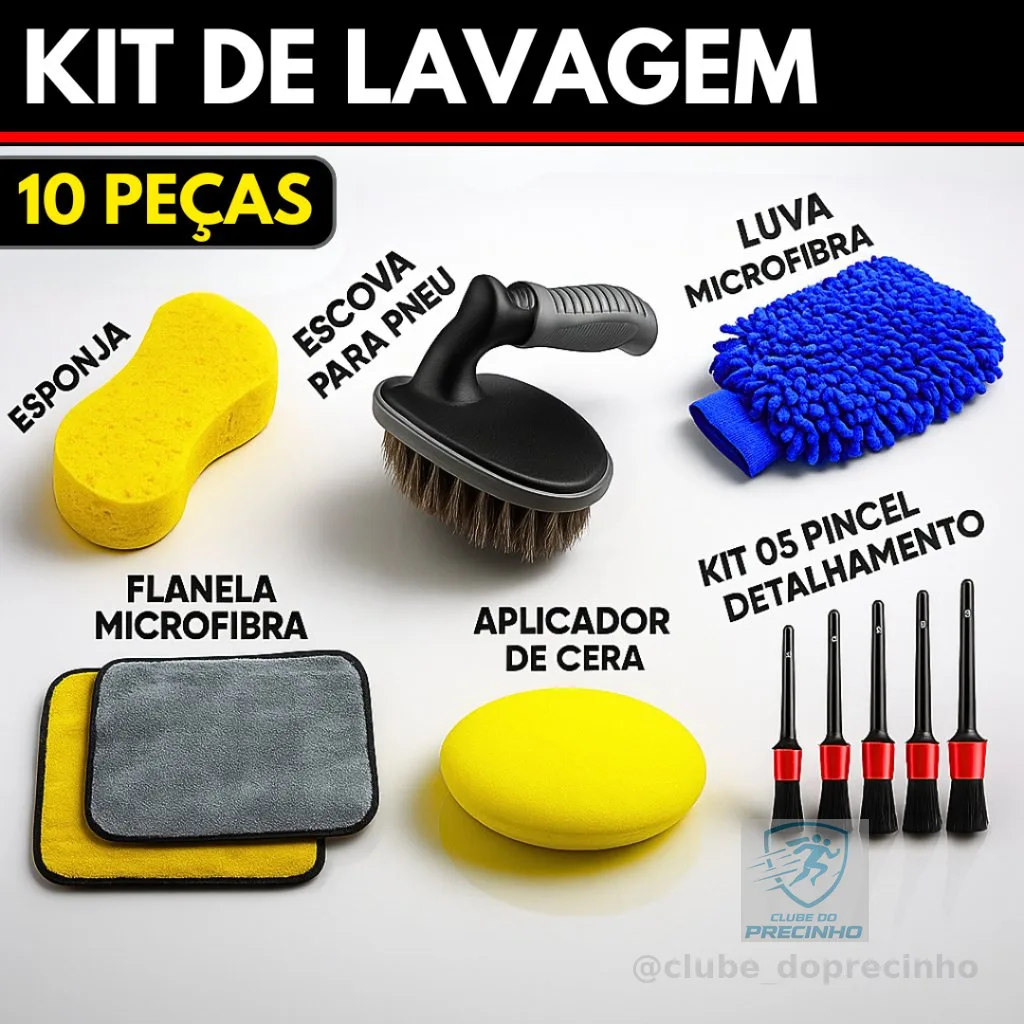 Kit 10 Peças Lavagem Automotiva Esponja + Escova de Pneu + Flanela + Aplicador de Cera + Luva Microfibra + Kit Pincel