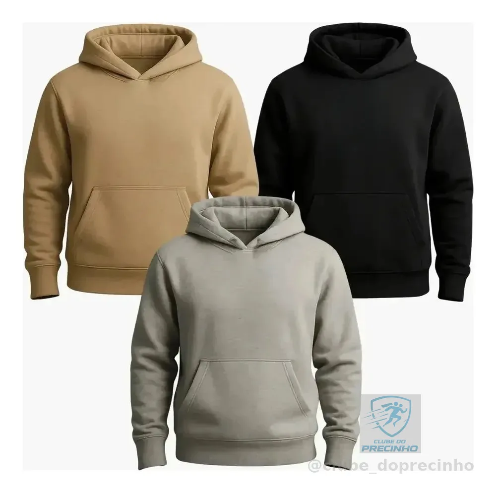 Kit 3 Moletom Canguru Liso Flanelado Blusa De Frio Unissex G Kit Bege / Preto / Cinza