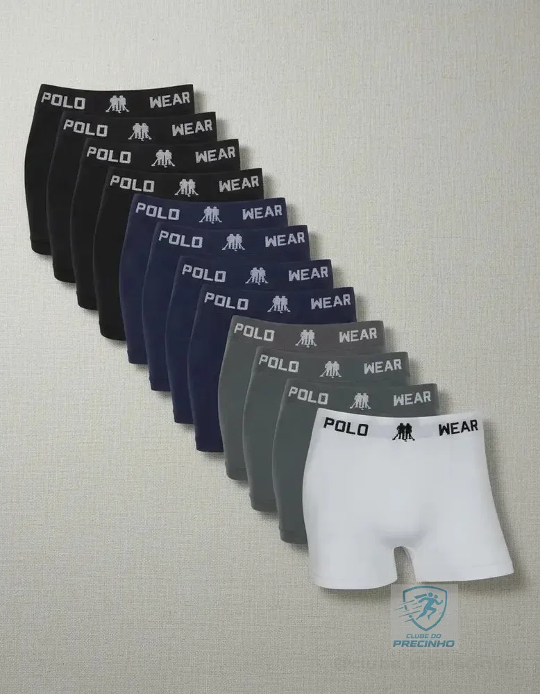 Kit 12 Cuecas Boxer Polo Wear Masculino Microfibra Liso Branco, Cinza, Preto E Azul Marinho Liso P