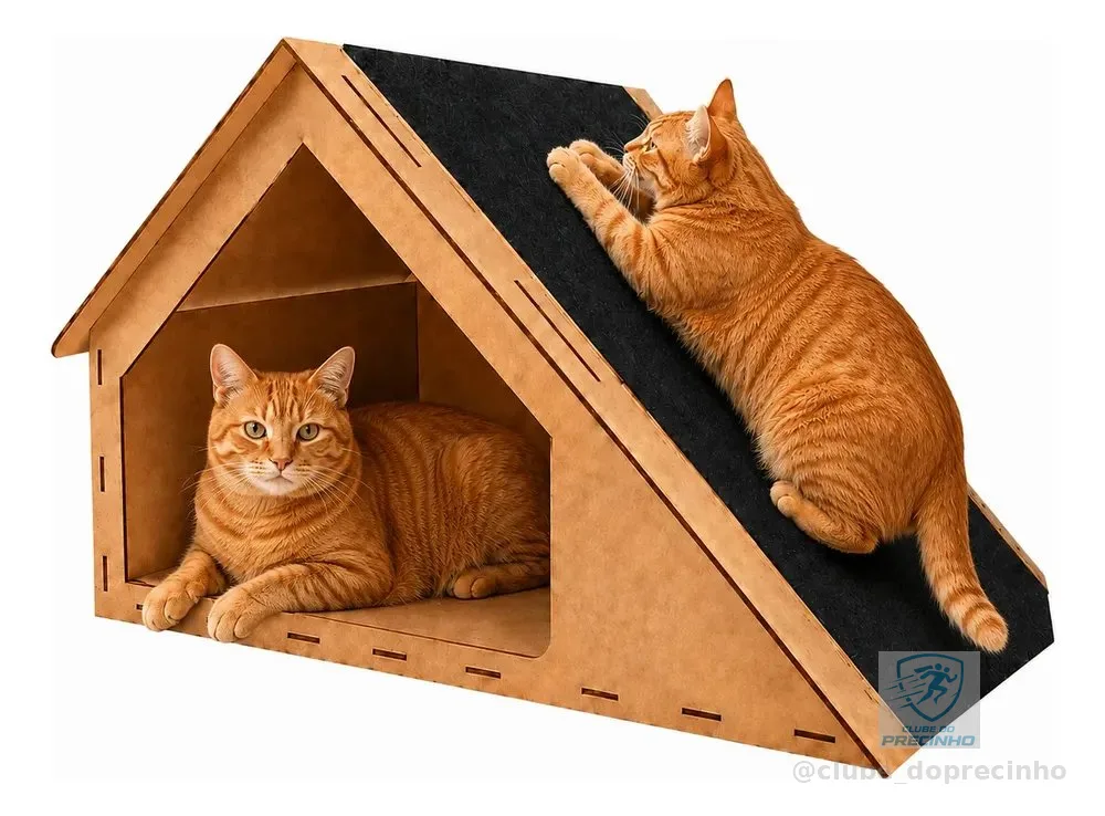 Casinha Gato Toca Arranhador Madeira Mdf Carpete 30x47x36cm Nude