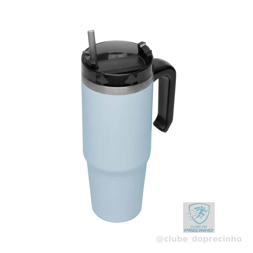 Copo Térmico SlimTerm 890ml Aço Inox Wolff Azul Parede Dupla com Canudo Base Ergonômica para Bebidas Quentes e Frias
