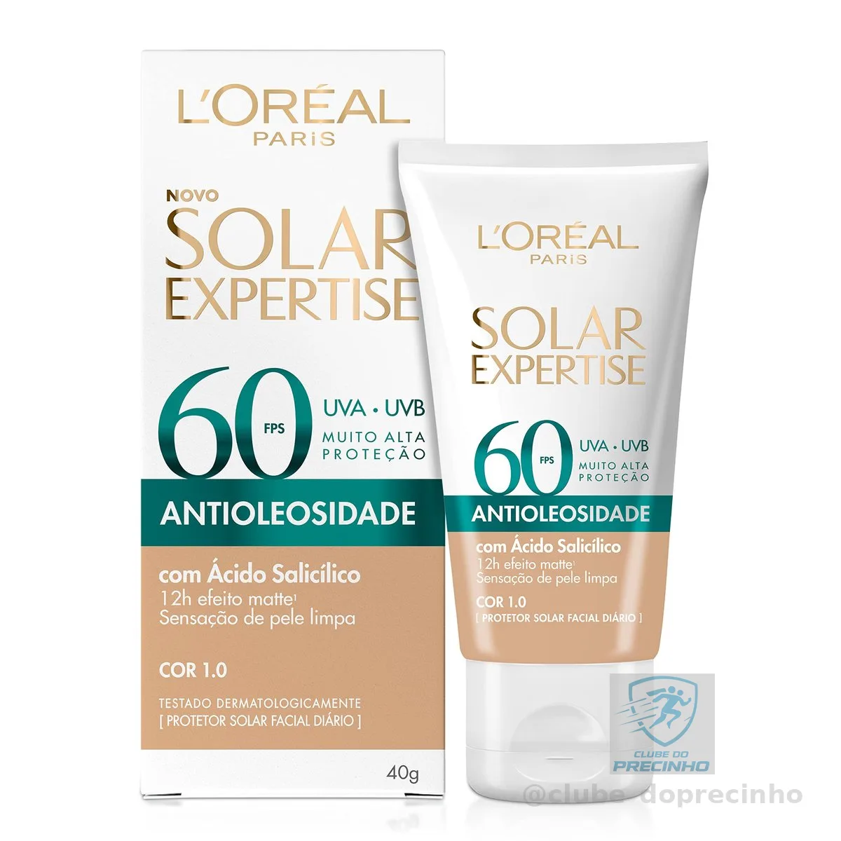 L'Oréal Paris Solar Expertise Antioleosidade, Protetor Solar Facial com FPS 60, 12h de Efeito Matte com Ácido Salicílico, Cor 1.0, 40g