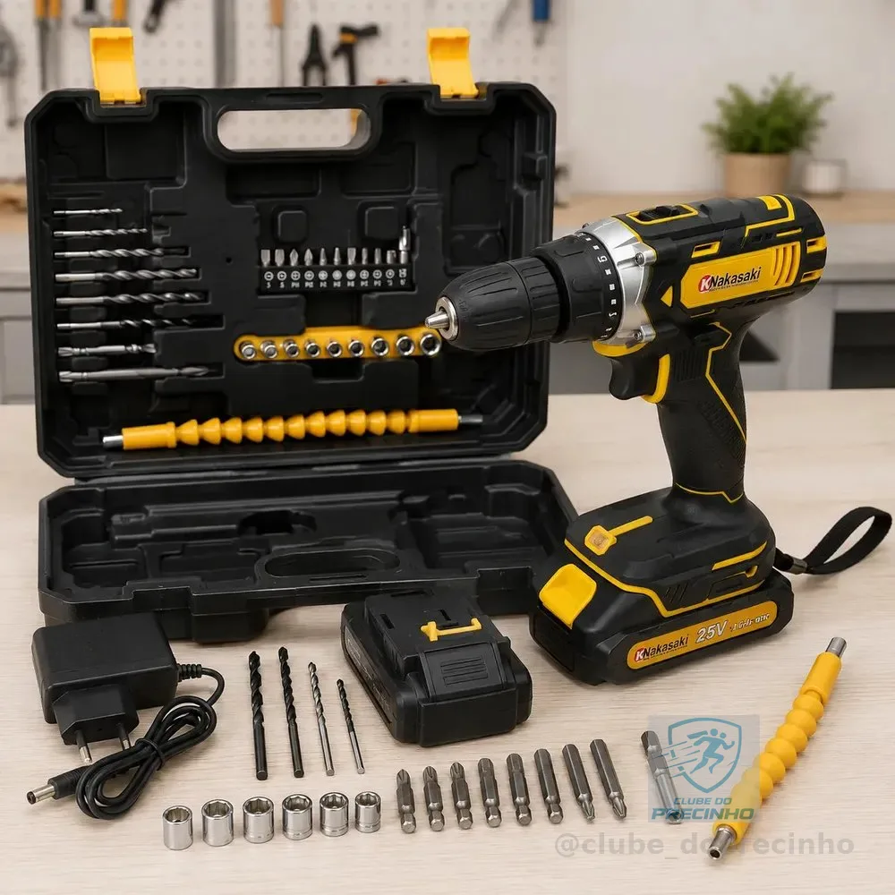 Parafusadeira Furadeira 25v Sem Fio Kit Completo Preto 127/220v 50/60hz