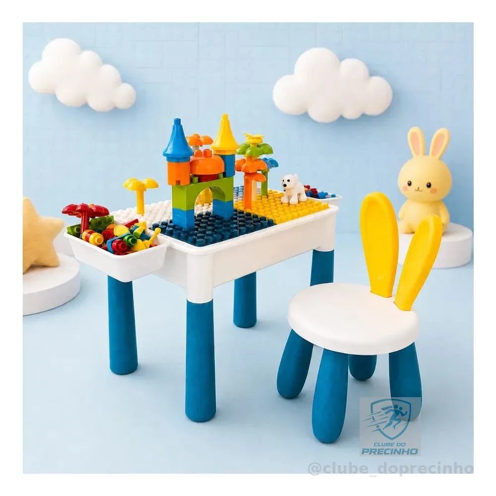 Mesa De Atividades Infantil 2 Em 1 Com Cadeira Orelhinha Azul
