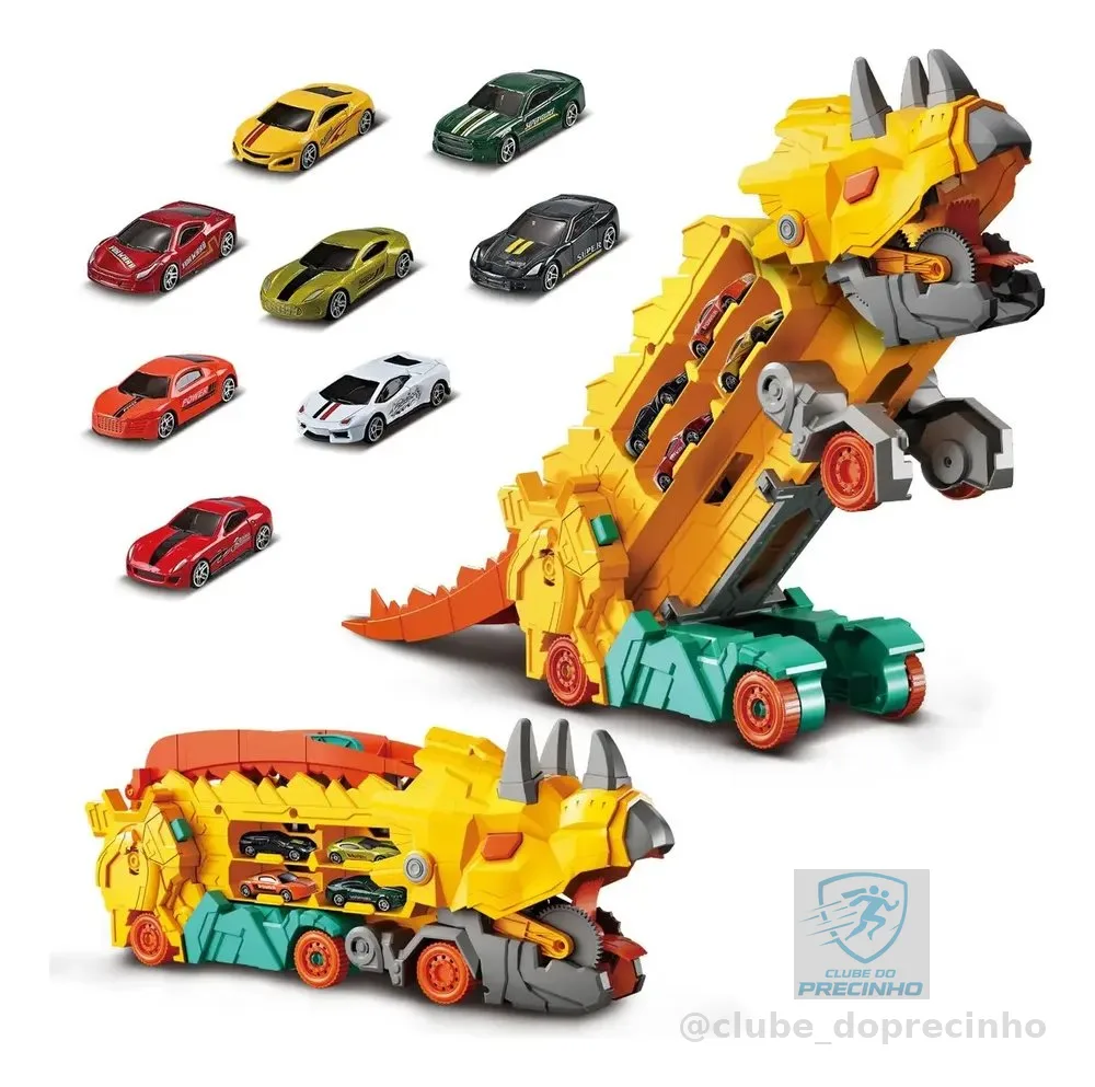 Caminhão Dinossauro Pista Com Carrinhos Maleta Transporte Cor Amarelo