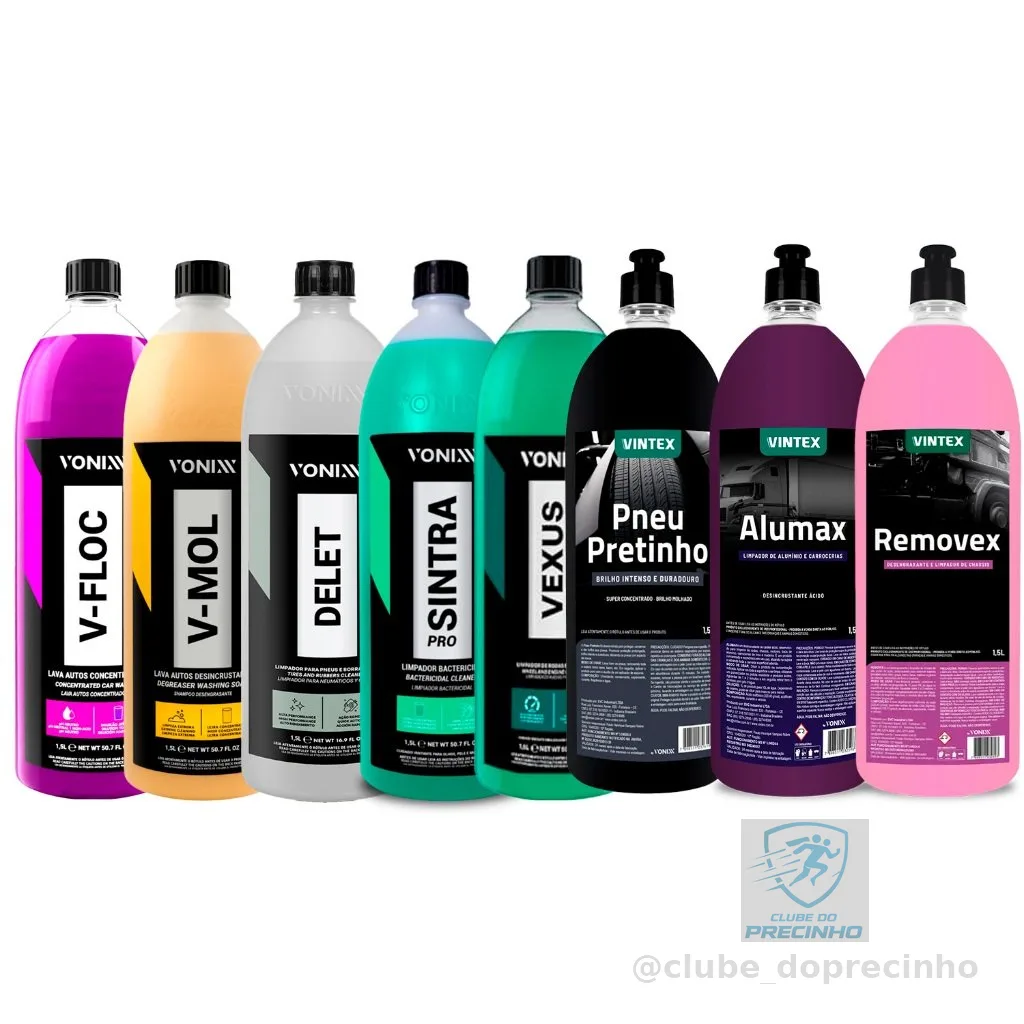 KIT V-FLOC + V-MOL + DELET + SINTRA + VEXUS + ALUMAX + REMOVEX + PNEU PRETINHO 1,5L VONIXX VINTEX