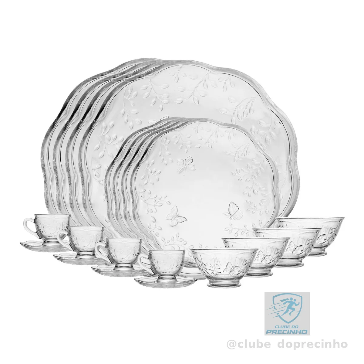 LYOR - Jogo de Jantar 20 peças New Butterfly em Cristal Ecológico - 4 Xícaras 135ml com Pires, 4 Bowl, 4 Pratos Raso e 4 Pratos para Sobremesa.