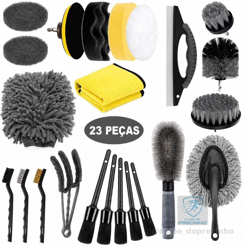 Kit 23 Peças Escova Detalhamento Automotivo - Saco Lavagem com Toalha e Pneu para Limpeza Completa