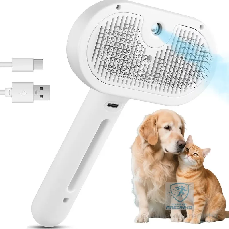Escova a Vapor 3 Em 1 Spray Hair Combing Usb para Pets Caes Gatos e Coelhos