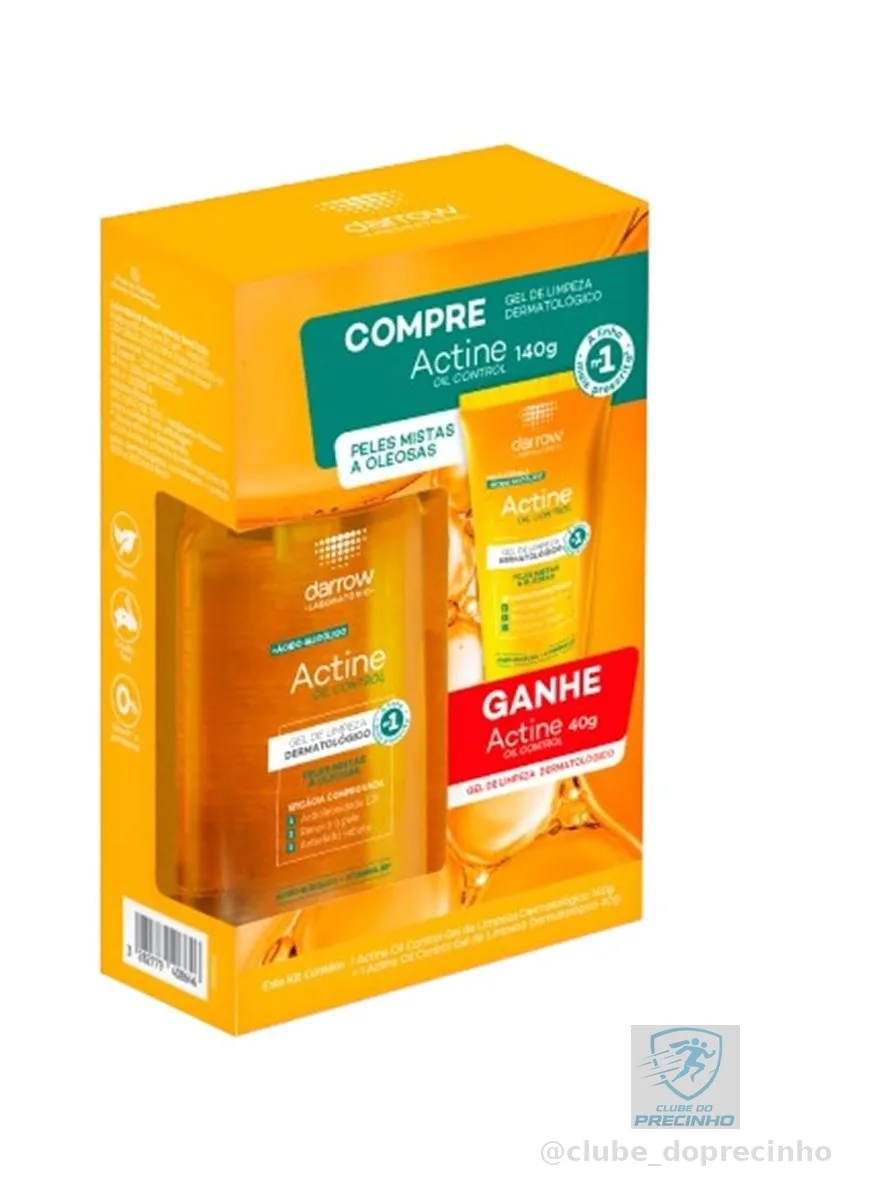 Darrow Actine Oil Control Kit Gel de Limpeza Dermatológico Facial com Ácido Glicólico e Vitamina B5 que Controla Oleosidade sem efeito rebote, Renova a Pele e Reduz Poros, 140g + 40g