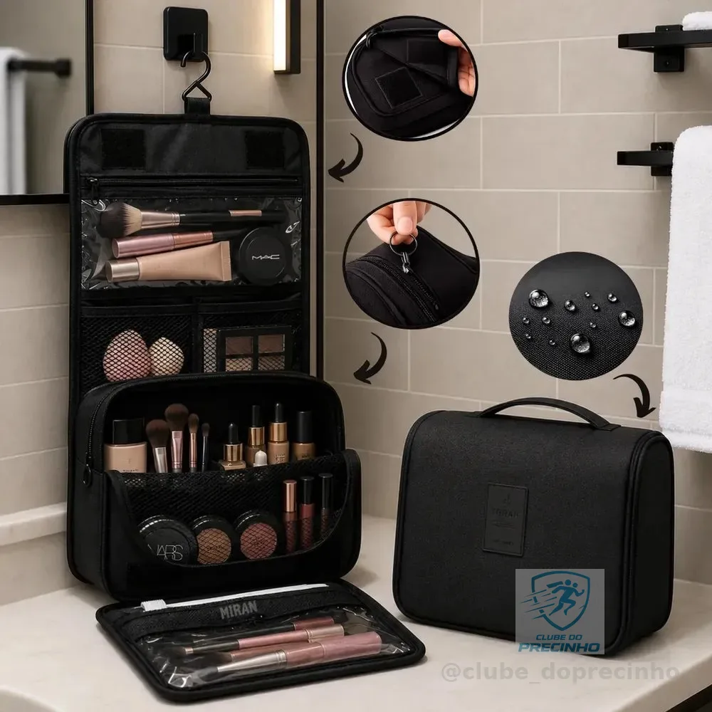 Necessaire Gancho Bolsa Dobrável Organizadora Viagem Necessaire Unissex Dobravel Higiene Mala Com Divisórias Cabide Impervemeal Feminina Masculina De Pendurar Porta Maquiagem Cor Preto - Marca Miran