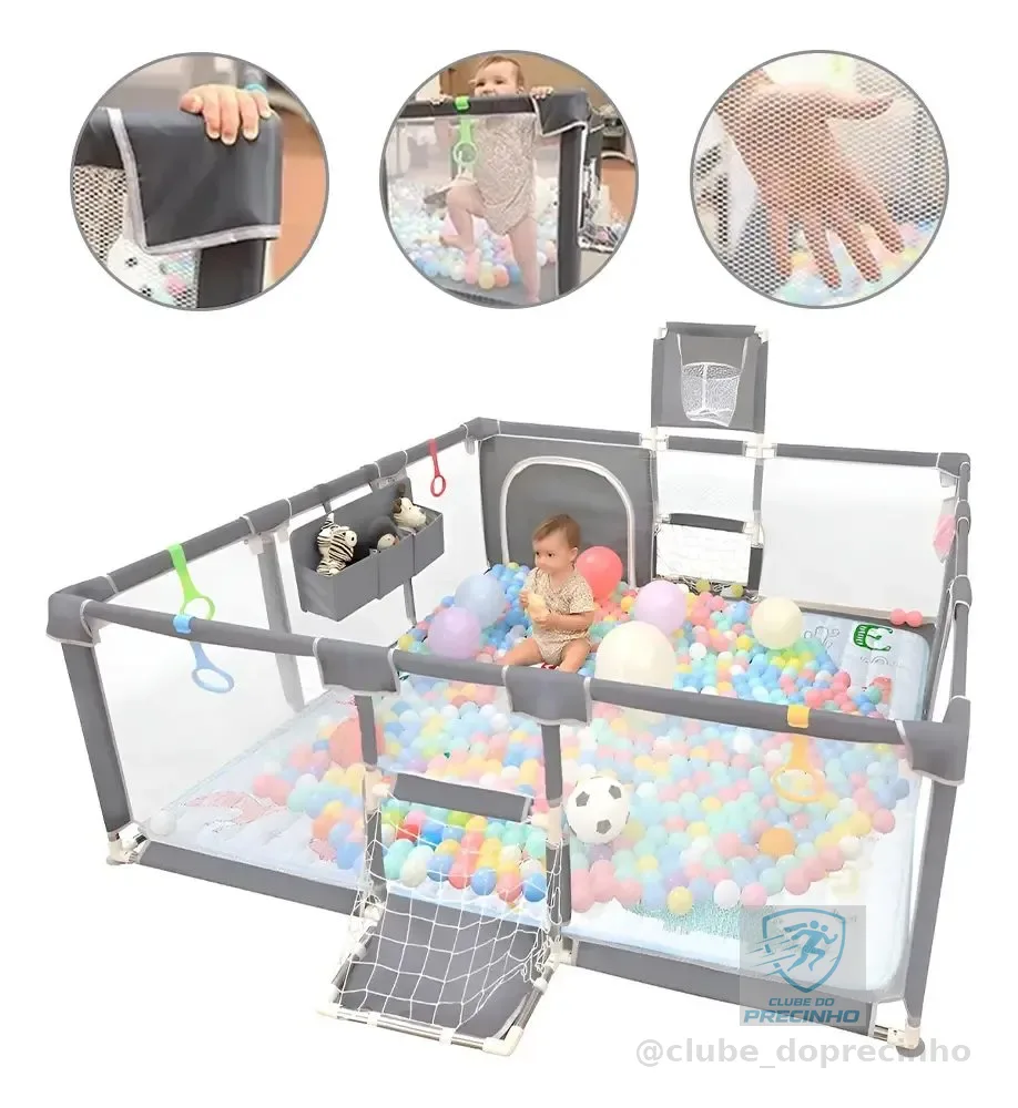 Cercadinho Bebê Infantil Cercado Grande 182*120*64cm Cinza Liso
